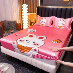 ผ้าปูที่นอนผ้าไหมน้ำแข็ง ลายการ์ตูนกระต่าย สีชมพู ขนาด 3.5 ฟุต